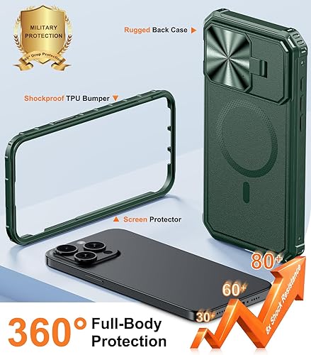 Miniatura 4 de Funda magnética para iPhone 15 Pro Max compatible con MagSafe, soporte integrado, cubierta de cámara y protector de pantalla, carcasa rígida de