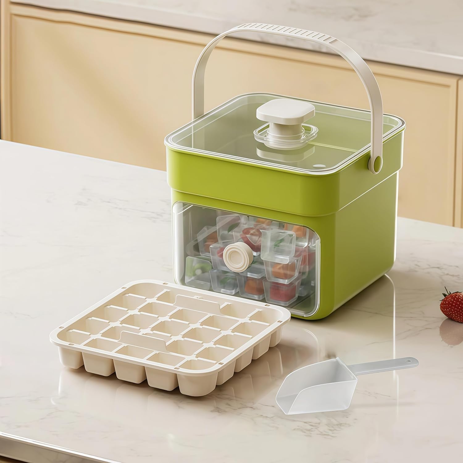 Instant Ice Cubes in Seconds – Just Press & Release! Portable Ice Cube Molds with Carry Handle, Basket and Scoop, This Ice Maker Makes 25/50Cubes/Serv, Sealed & Stackable Design (Green, Single)