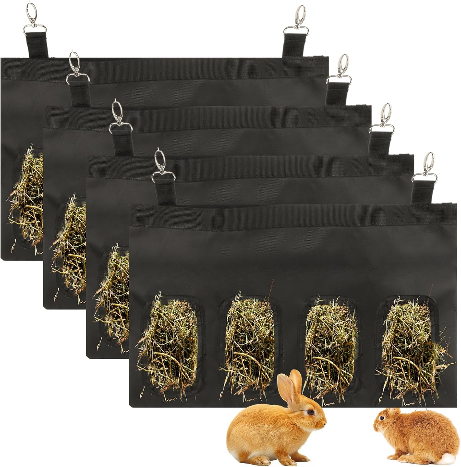 4 Pack Rabbit Hay Feeder Bag, 4 Holes Hanging Hay Feeder Guinea Pig Hay Bags Black Bunny Hay Bag for Rabbits Chinchillas Hamsters Small Pets and Animal, 17.7″ x10.6″