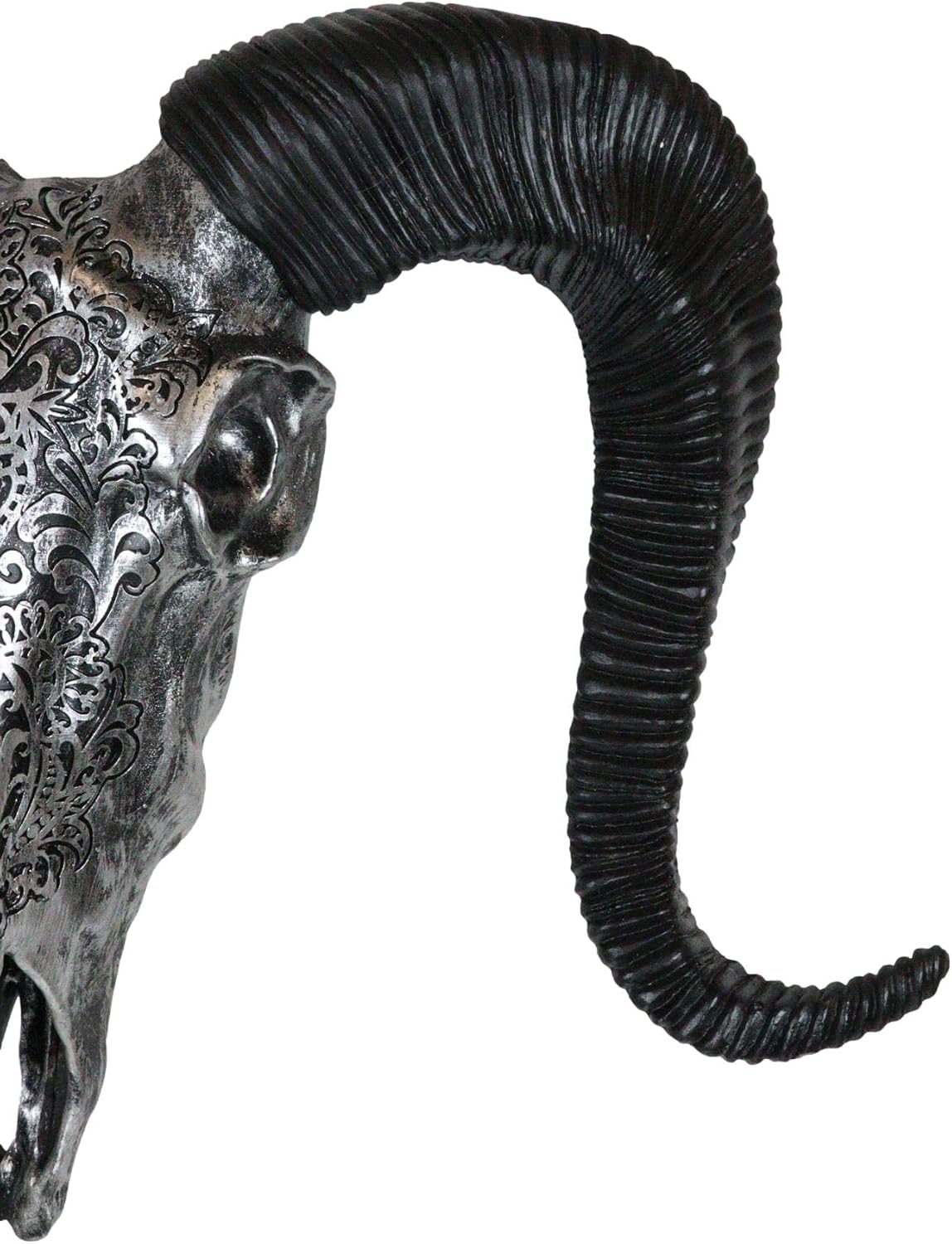 Ebros Gift Silver Tribal Floral Vines Tooled Filigree Corsican Ram Sheep Skull Head with Horns Wall Mount Decor Artistic Replica Native Animal Bust Skulls Hanging Mounted Plaque Sculpture