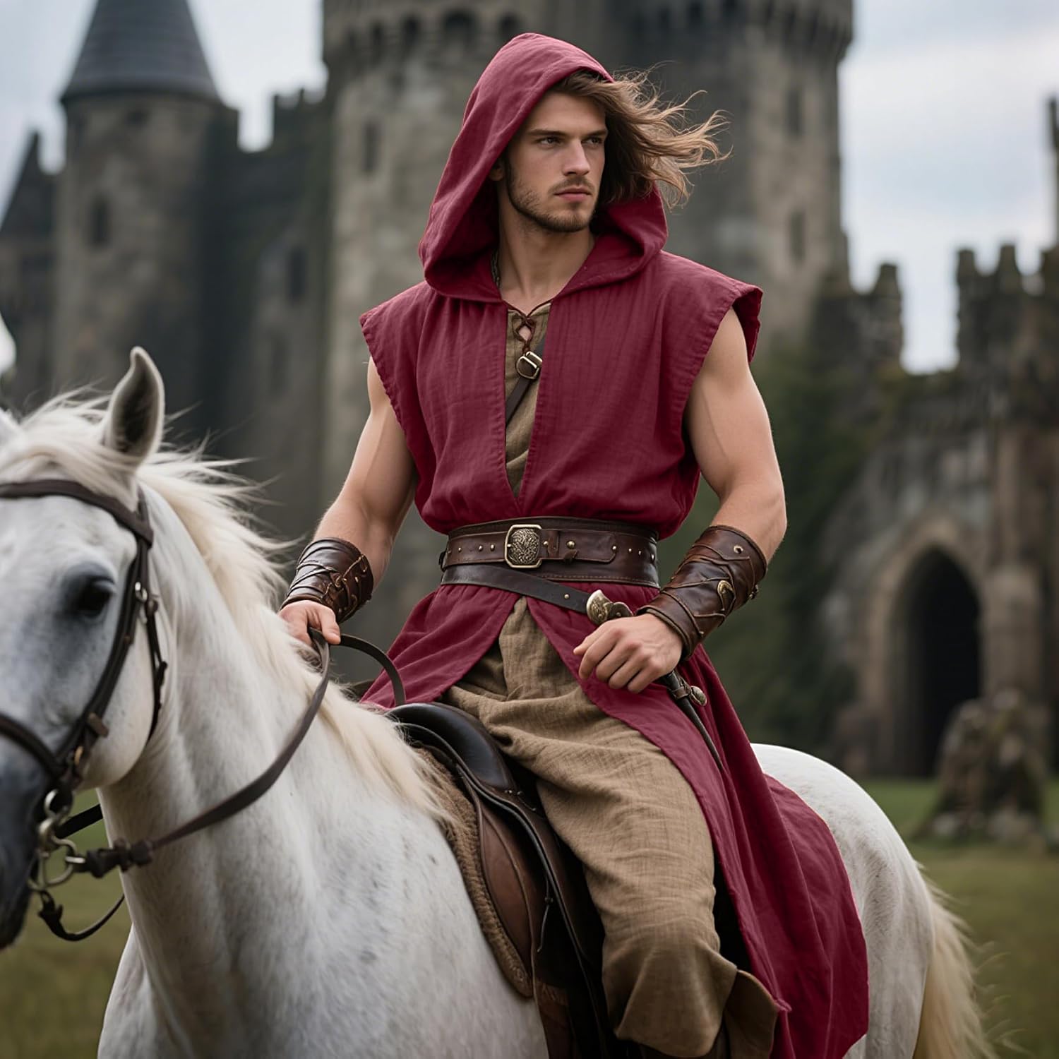 L'VOW Men's Medieval Hooded Surcoat Renaissance Tabard Sleeveless Tunic Cloak Viking Costume Holloween Assassin Cosplay - Image 2