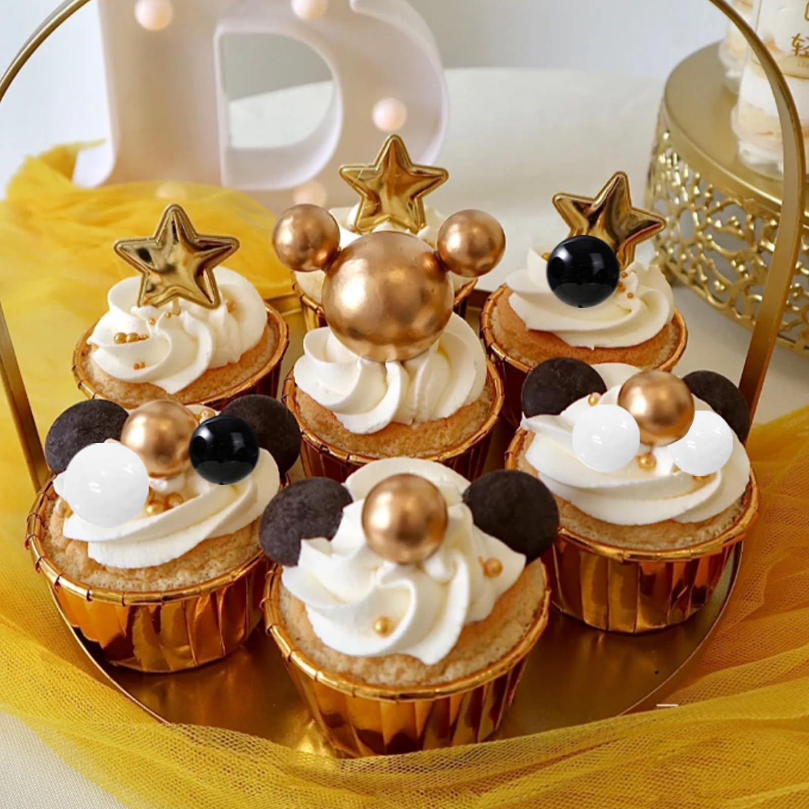54Pcs Cake Toppers Ball, Black Gold Ball Cake Decorations, Mini Gold Balloon for Cupcakes, Cake Topper Ball for Wedding Birthday Halloween Party Cake (Black, White, Gold)