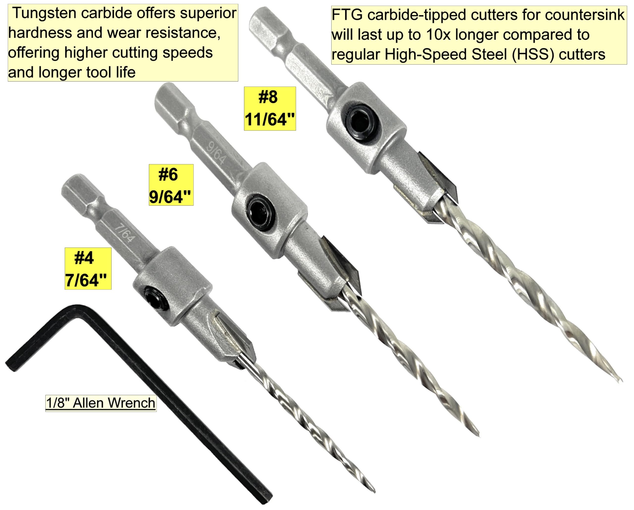 FTG USA Tapered Countersink Set - 3 Piece Wood Drill Bits -4