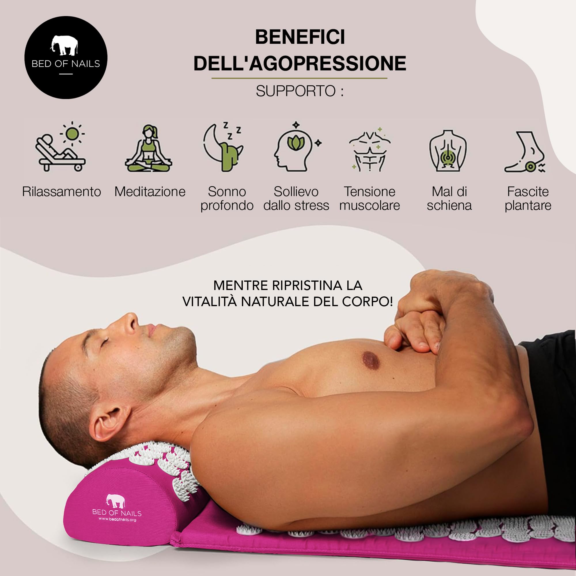 Bed of Nails Originale Digitopressione Cuscino, 2,142 Punte Agopuntura Massaggio Cuscino per Collo e Spalla Dolore, Stress e Schiena Dolore Sollievo, Trasporto Borsa, 38 x 15 x 10, Rosa