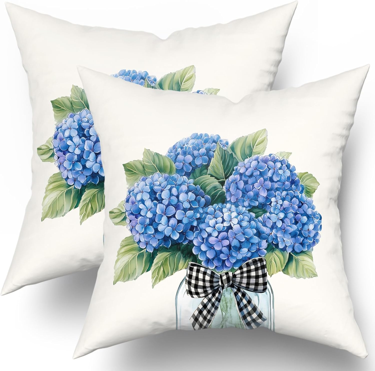 Hydrangea Throw Pillow Cover 24x24inch Set of 2 Spring Blue Floral Mason Jar Pillowcase Natural Flower Plant Farmhouse Cotton Cushion Case for Sofa Couch Home Patio