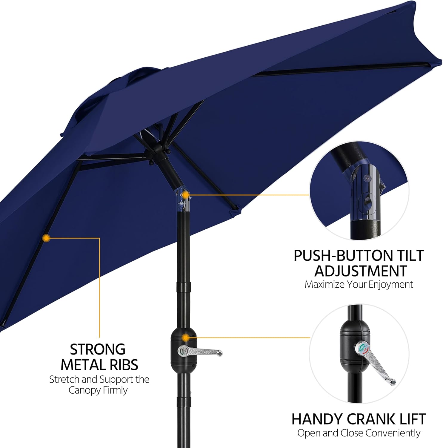 Yaheetech 7.5FT Patio Umbrella with 80lb Umbrella Base Stand-Round Water & Sand Filled, Market Umbrella w/Push Button Tilt, Crank and Sturdy Ribs, Patio Sunshade with Base Included - Navy Blue