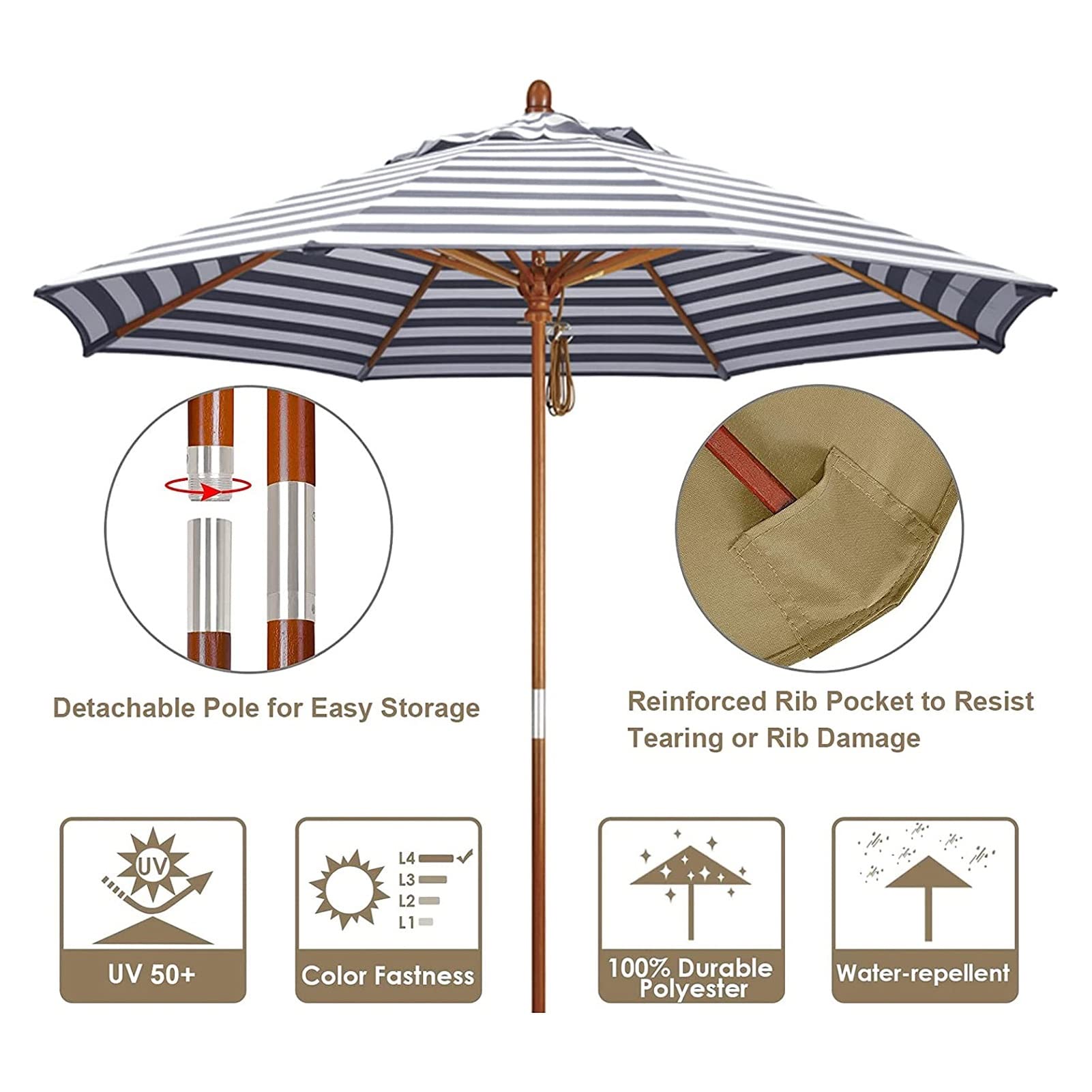 2,7m Drewniany parasol ogrodowy, 8 żeber na zewnątrz Patio Beach Sun Shade Canopy, Parasol w pasie z systemem koła pasowego do basenu, tarasu, patio i balkonu
