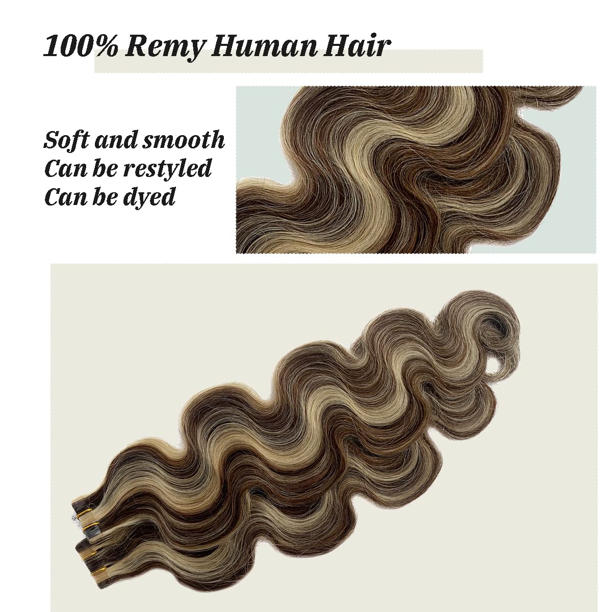 20" Long Tape in Hair Extensions Medium Brown to Bleach Blonde Lowlights 50grams 20pcs Skin Weft Heat Resistant Straight Real Human Hair Tape Balayage Extensions
