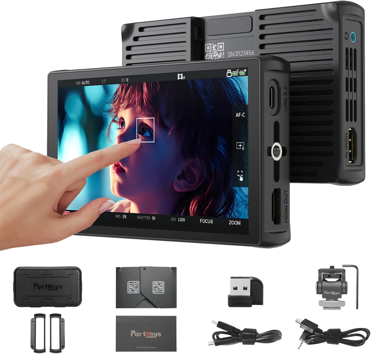 Portkeys LH5C Camera Monitor front view with screen displaying a scene.