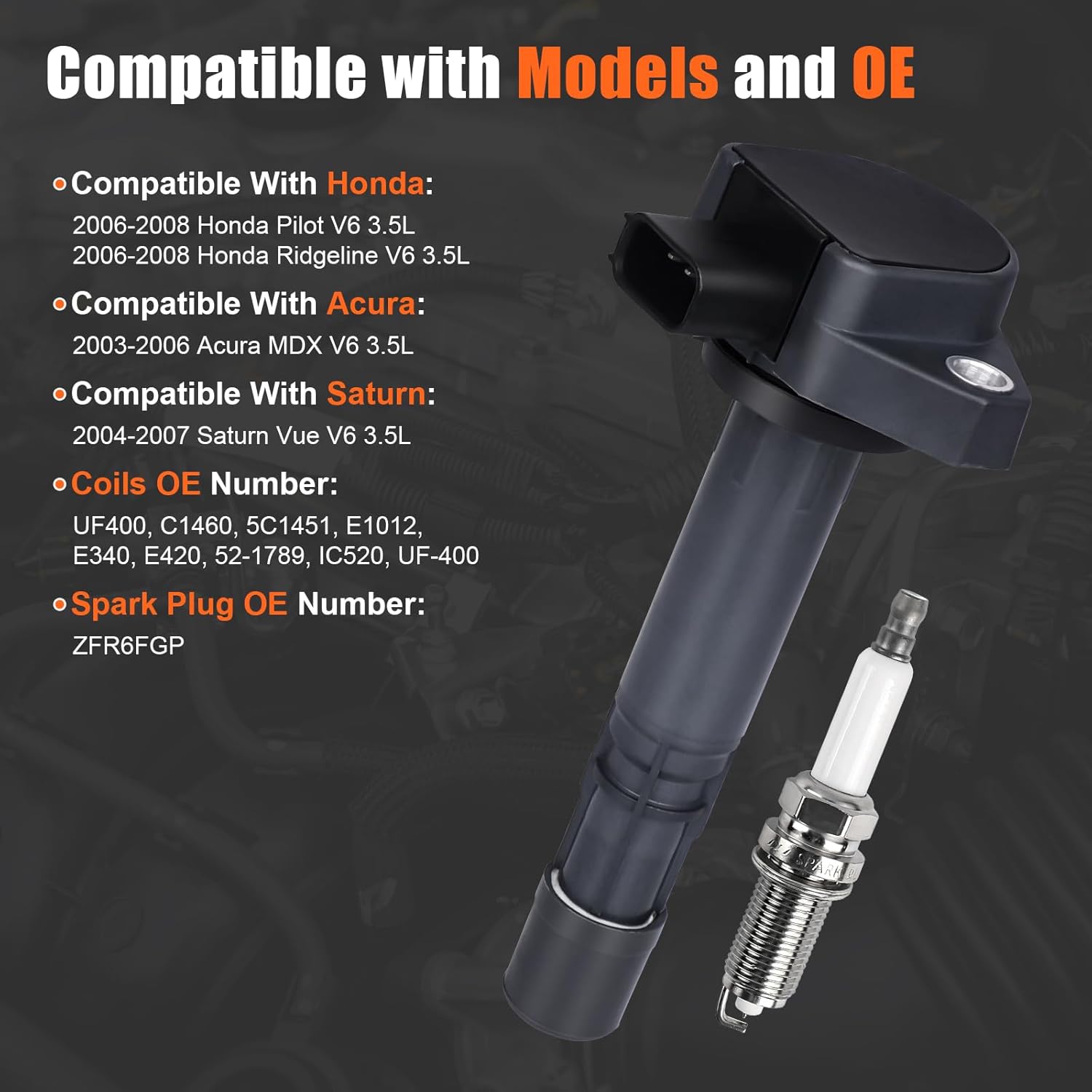 4pcs Ignition Coil & Spark Plug Fit for 3.5 2003 2004 2005 2006 2007 2008 Honda Ridgeline Pilot Acura MDX Saturn Vue 3.5L V6 Coil Pack Replaces# C1460 UF400