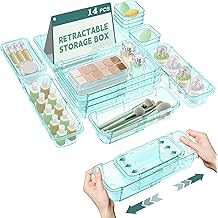 14 Pcs Clear Drawer Organizer, Adjustable Drawer Storage Box, 3-Size Desk Drawer Organizer, Acrylic Storage Bins for Makeup, Kitchen Utensils, Bedroom Dressers Tool Organizer for Gadgets, Blue