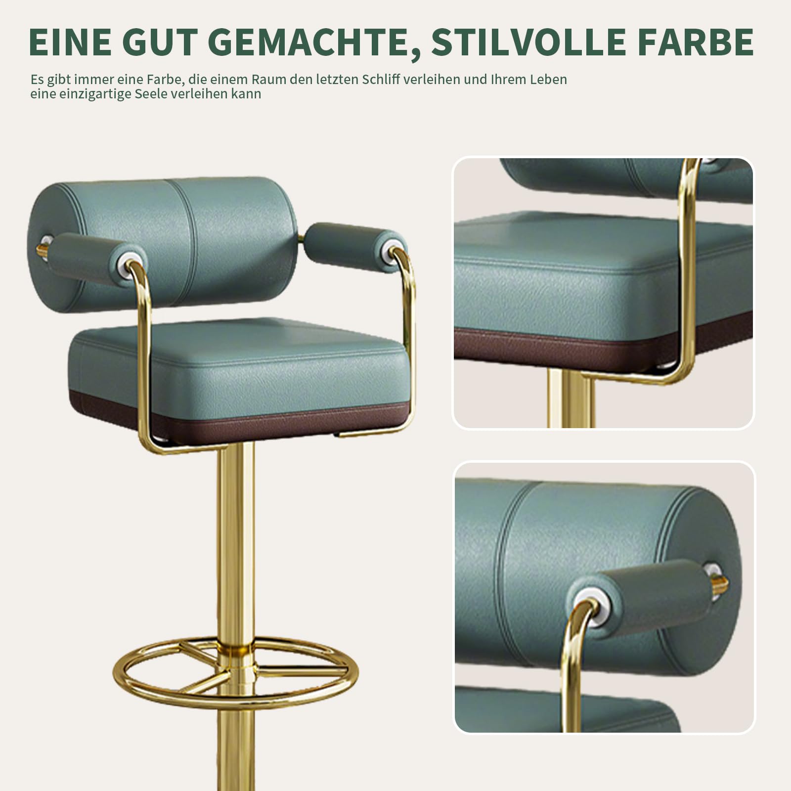 Vigosit Barhocker Set Höhenverstellbar, Barstuhl mit Lehne & Armlehne, 360° Drehbarer Tresenhocker für Küche, Gepolsterter Küchenhocker mit Großer Sitzfläche & Stabiles Metallgestell， Grün(1 Stück)