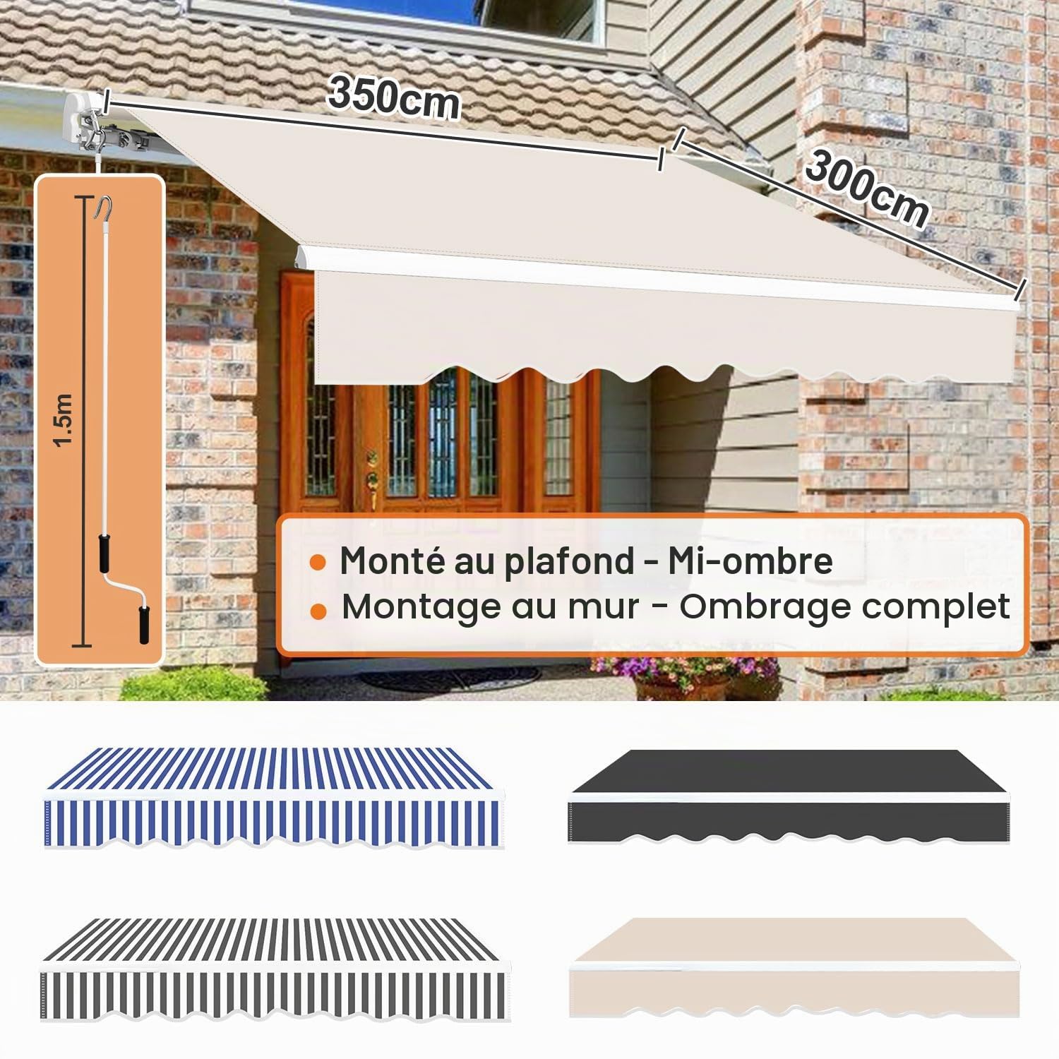 Fiqops Auvent manuel à bras articulés, 350 x 300 cm, protection solaire avec manivelle, anti-UV et imperméable, en aluminium/polyester, pour balcon, terrasse, jardin, beige