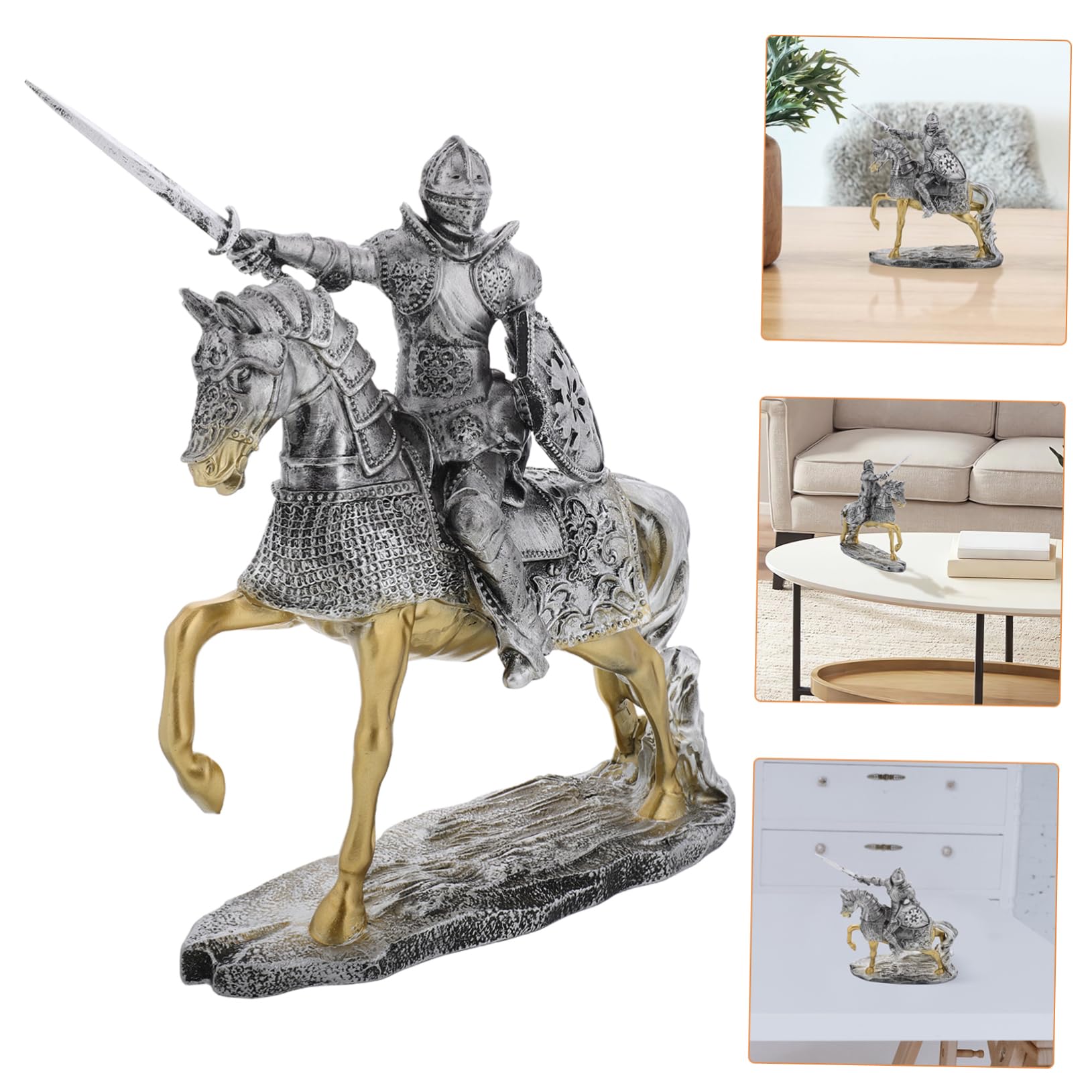 VICASKY Mittelalterliche Ritterfigur aus Kunstharz in Silber für Deko | Feine Verarbeitung mit Detailreichen Konturen, Kompakte Tischstatue für Büro und Wohnzimmer, 1 Stück