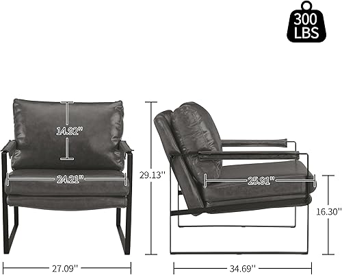 Miniatura 27 de Art Leon Juego de 2 sillas de acento de piel sintética moderna de mediados de siglo, silla de salón con patas de metal negro, color negro