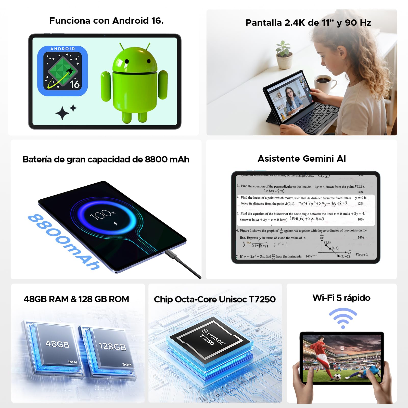 P11 Pro Tablet 11 Pulgadas with Android 16 & Gemini AI, 48GB RAM+128GB ROM/2TB, 8800mAh/18W, Octa-Core T7250, 90Hz, 5MP+13MP, 3.5mm Jack, GPS, Face ID,OTG,5G WiFi, Tablet con Teclado y Lapiz, Morado