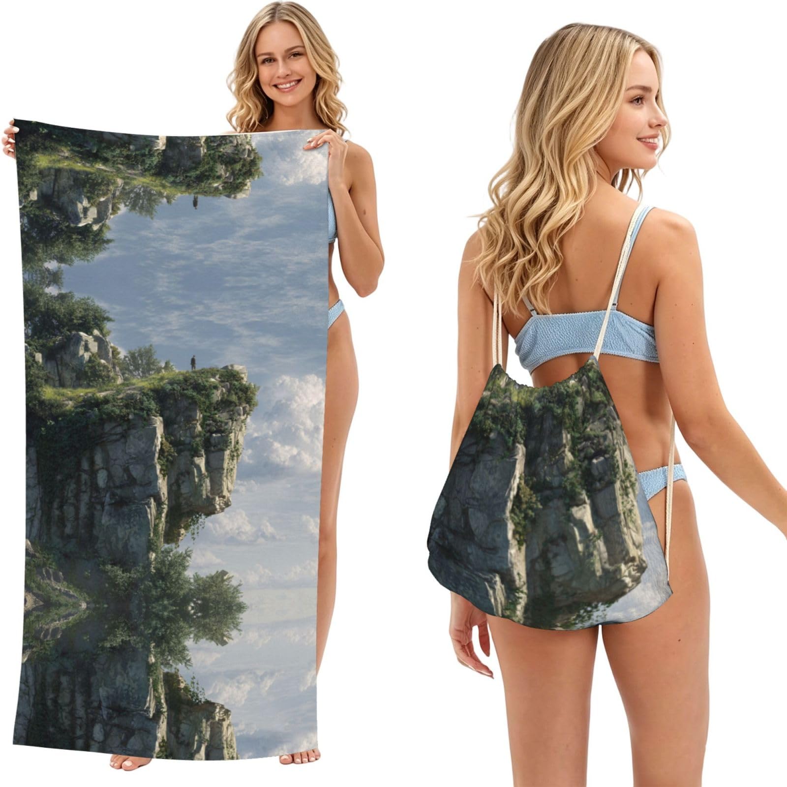ESNAIUVCD Cliff Print Beach Towel For Adults,Towel With Drawstring Bag, Travel Pool Swimming Sports Shower Sand Free Quick Dry Bath Towel For Pool, Beach, Yoga- 180x60cm