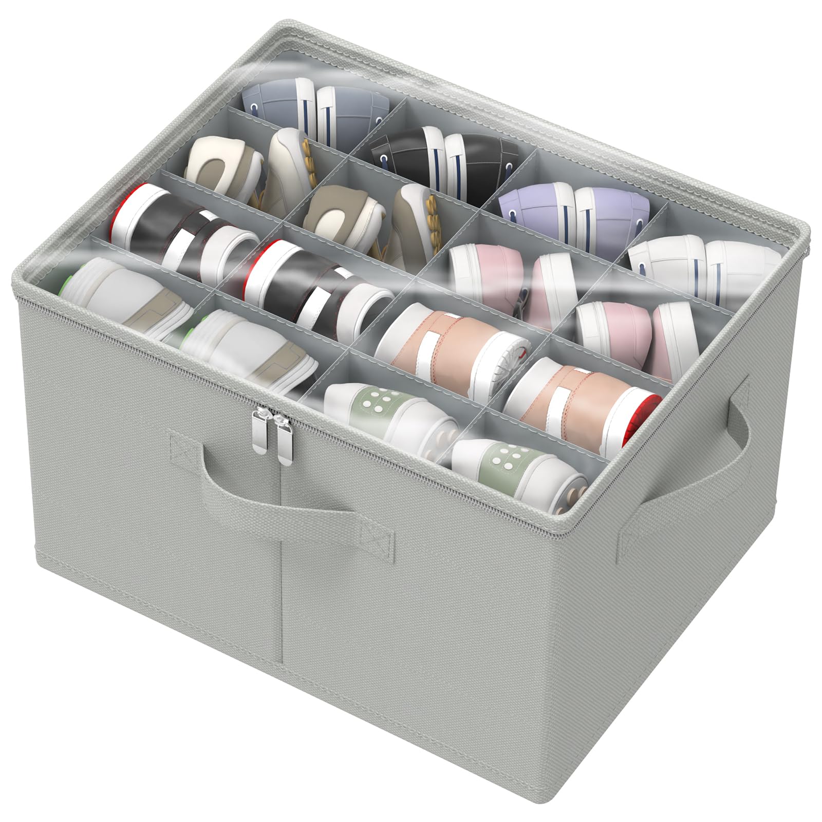 Scatole per Scarpe, Tessuto Scarpiera Salvaspazio con Copertura Trasparente, Shoes Organizer Pieghevole con 3 Maniglie, Adatto per 8-16 Paia, 53 x 42 x 33 cm, Grigio, XSNX01GL-1