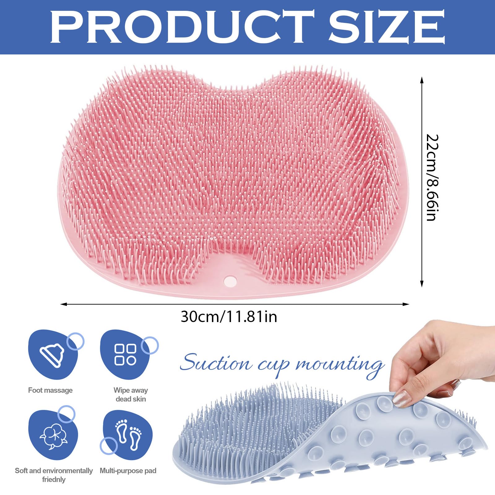 Silicone Shower Foot Brush Pad 2 sztuki 30 x 22 cm (niebieski + różowy) | Antypoślizgowa silikonowa podkładka do masażu szczotka do stóp pod prysznic odpowiednia do łazienki, podróży służbowej