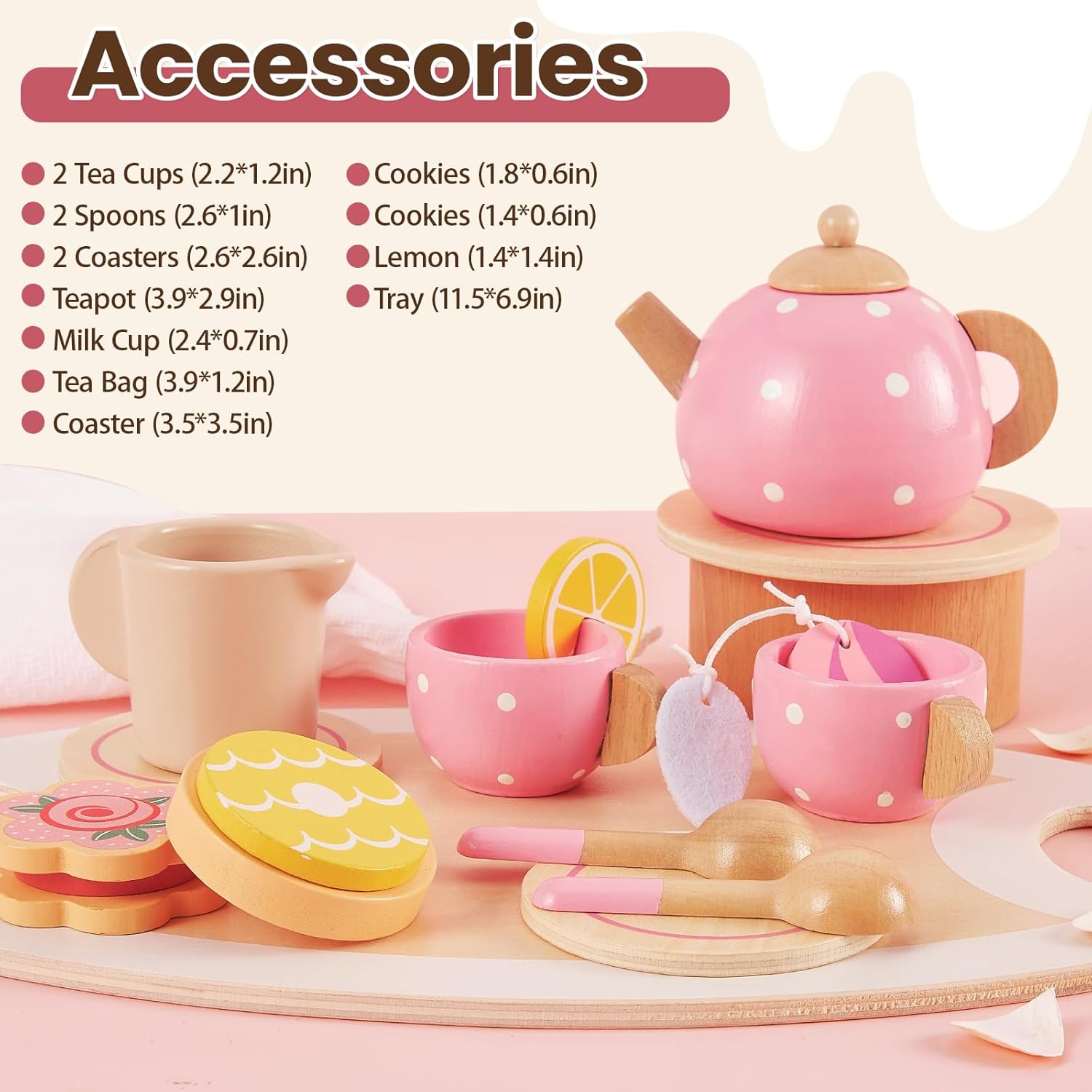 BUYGER Kids Wooden Tea Party Set for Little Girls Toddler Pretend Play Food Kitchen Accessories Princess Birthday Gifts for Ages 3 4 5 Years Old - Image 5