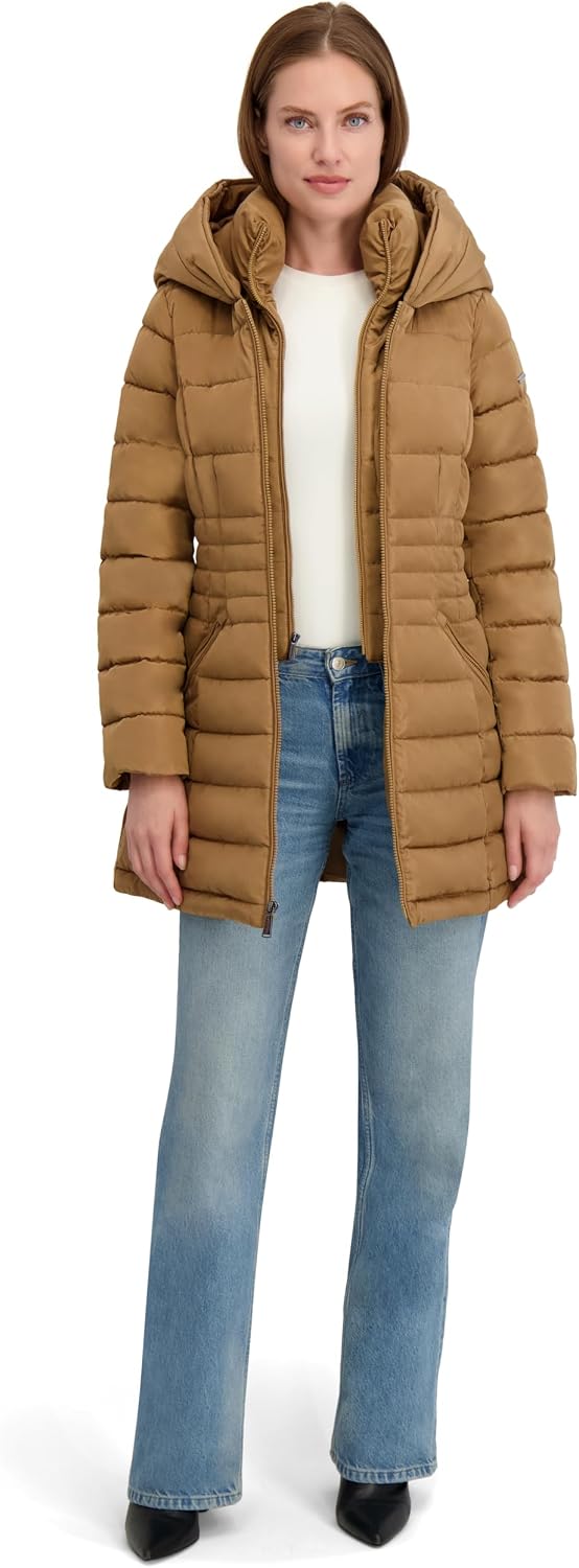 Laundry by Shelli Segal Women's Windbreaker Puffer Coat– Mid-length Fit & Flare Jacket, Side Velvet Tape
