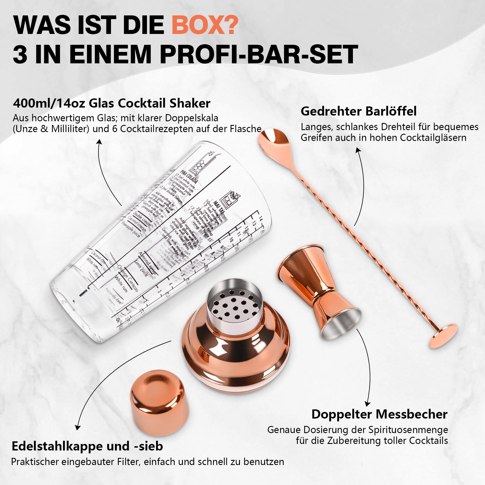 14oz Glas Cocktail Shaker Set, Margarita Mixer Shaker mit eingebautem Sieb und Messbecher & Mischlöffel Set, Professionelles Barwerkzeug-Set für Barkeeper und Anfänger (Rose-Kupfer, 3PCS)