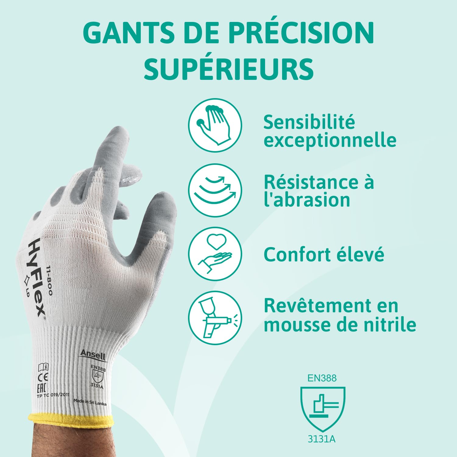 Ansell HyFlex 11-800 Gants de Travail Professionnels, Enduction Nitrile Résistante à l'Abrasion, Protection Industrielle Multiusage, Manutention et Mécanique, Blanc, Taille L (12 Paires)