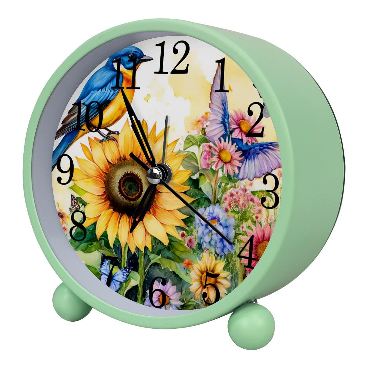 Luoweisi Alarm Clock Bird Sunflower, Silent Non-Ticking with Night Light, Round Metal Alarm Clock for Office, Battery Operated, Bedroom, Elderly, Adults, Children, Student Gifts