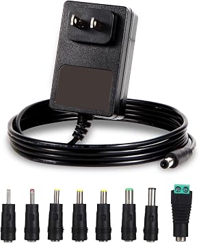 12V 2A Power Supply AC Adapter with 8 Interchangeable Tips, Regulated 12 Volt 2000mA DC Charger for LED Strip, CCTV Camera, Router, BT Speaker, GPS, Webcam 5.9FT Long Cord, Center Positive