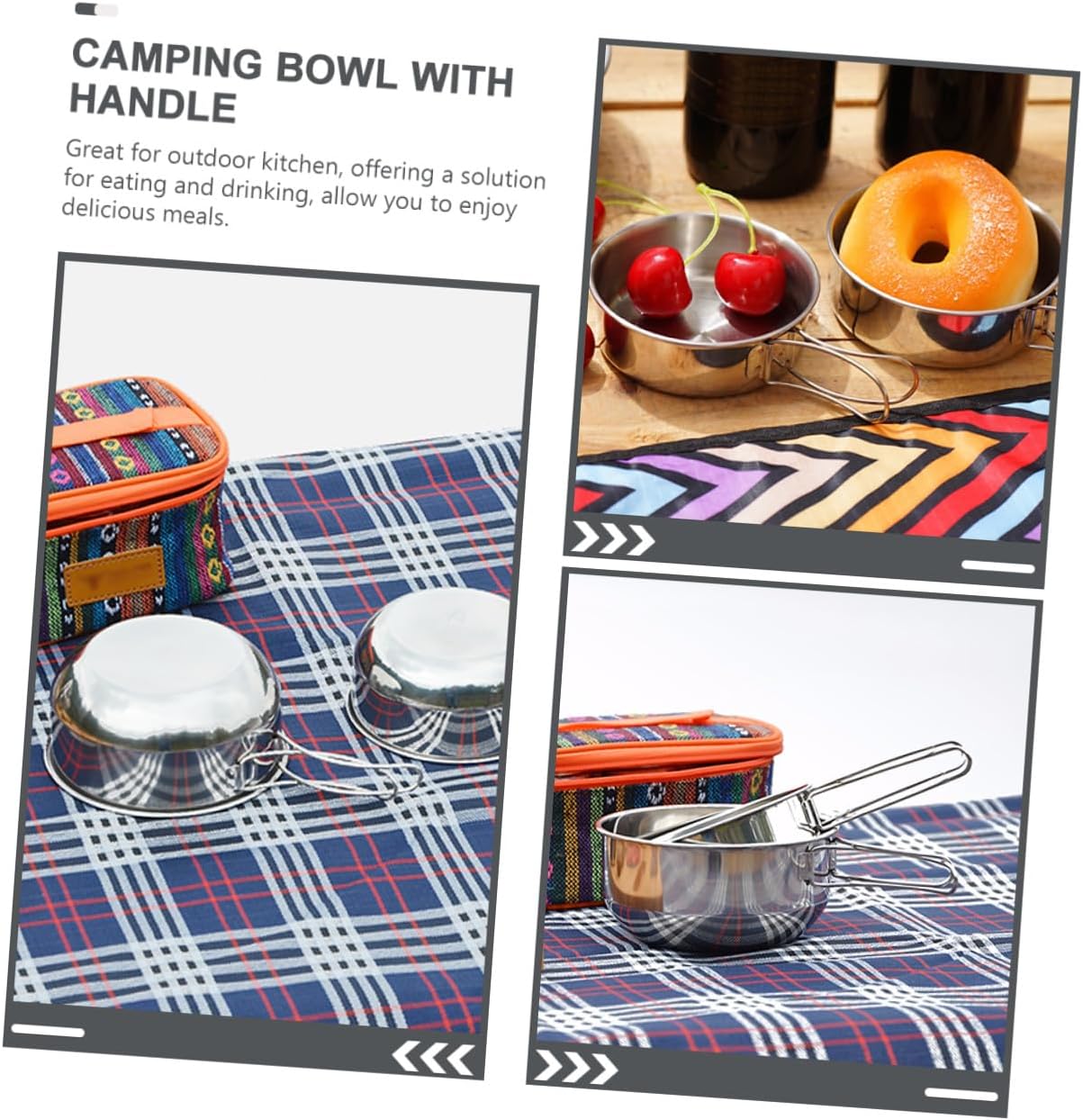 MAGICLULU Stainless Steel Camping Bowl Set 3pcs with Large and Small Bowls and Mesh Bag Foldable Handle Portable for Outdoor Travel and Camping