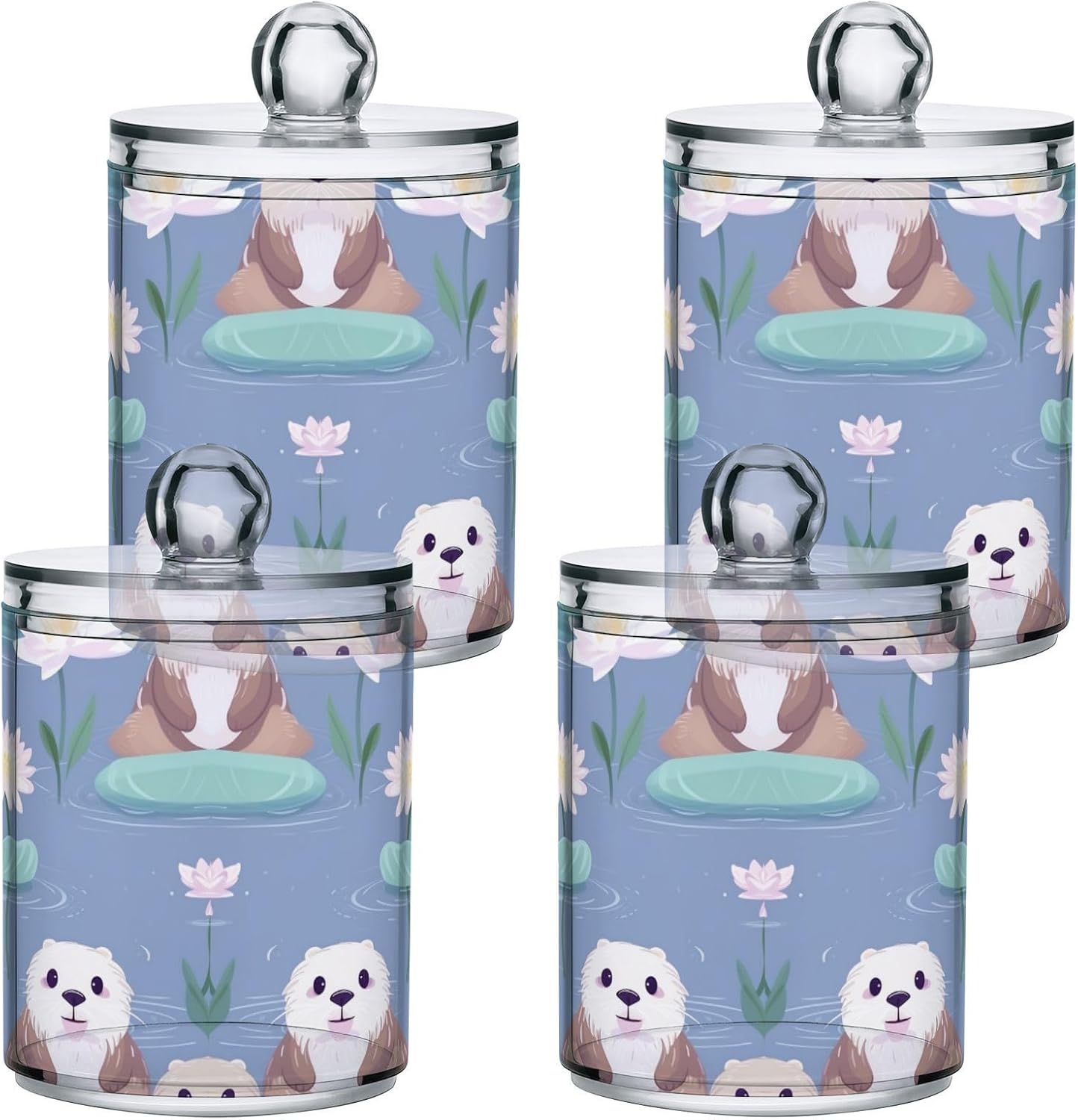 MNSRUU 4 Pack Qtip Holder Organizer Dispenser Animal Otters Pink Bathroom Storage Canister Cotton Ball Holder Bathroom Containers for Cotton Swabs/Pads/Floss