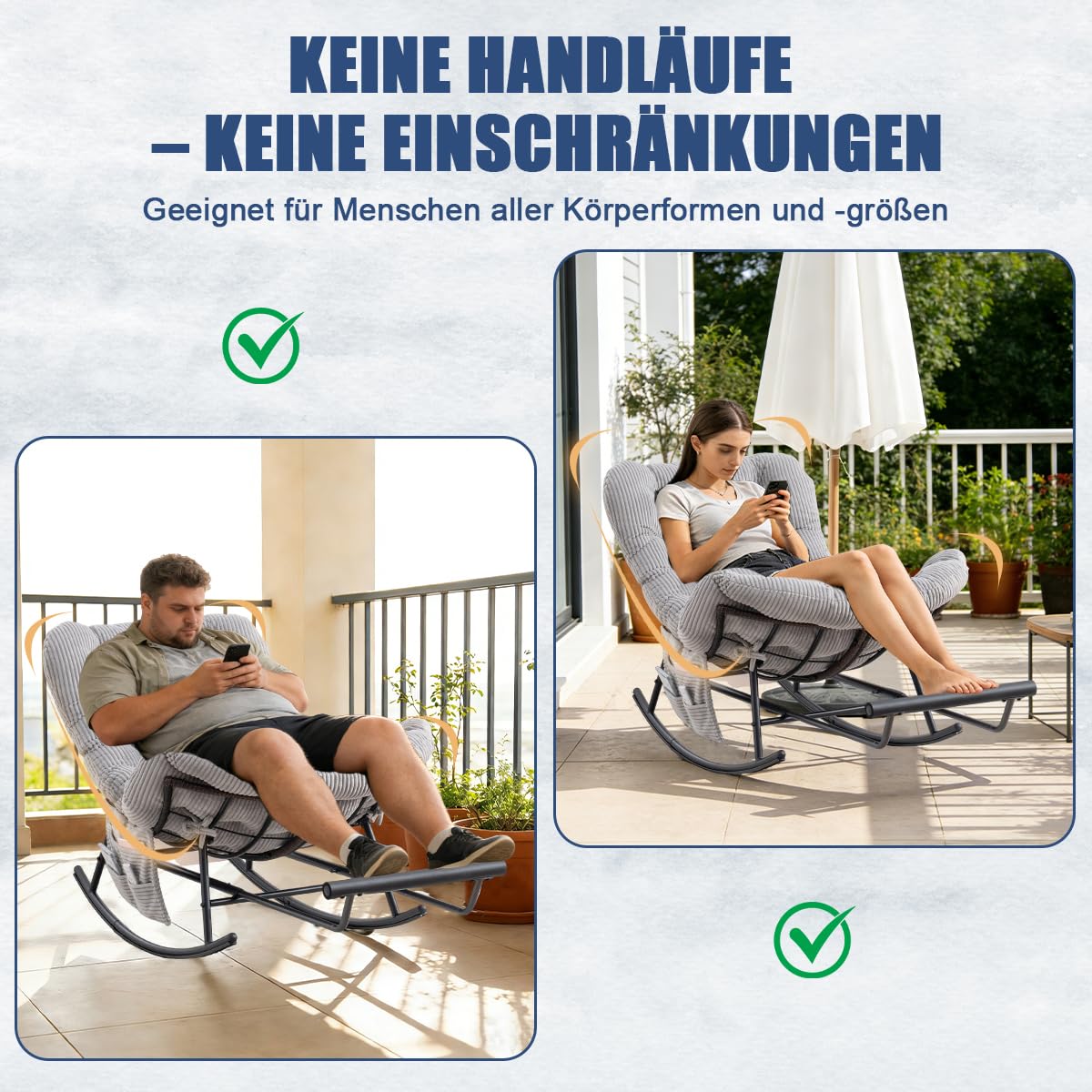 Schaukelstuhl mit Verlängerbarer Fußhocker, Indoor & Outdoor-Rattansessel ohne Armlehnen mit Kissen und Seitentasche, Rutschfesten Füßen, für Wohnzimmer, Balkon, Schlafzimmer, Hellgrau Cord