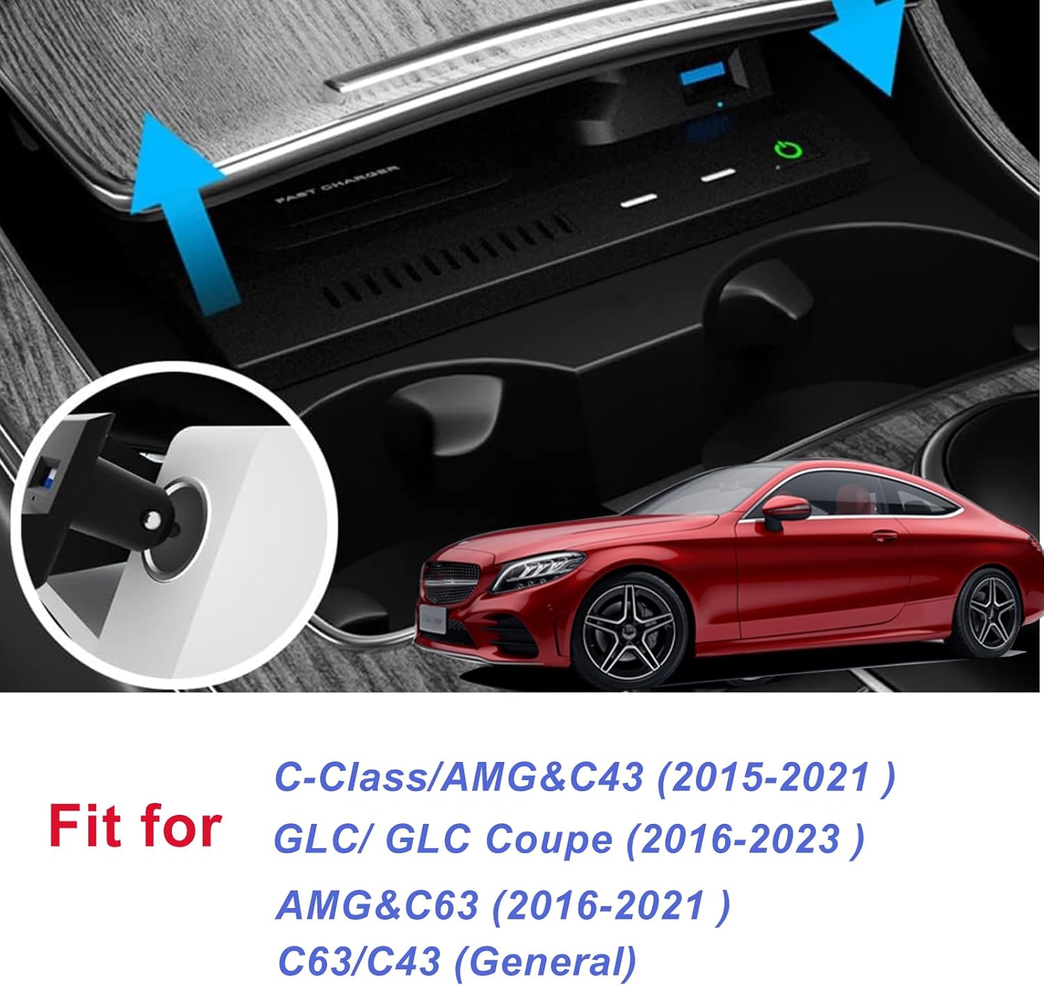 2024 Wireless Car Charger for Mercedes Benz C-Class GLC AMG 2015-2021,15W Fast Charging Phone Charger Pad for Mercedes-Benz C180/C200/C260/C300/C450 GLC200/GLC260/GLC300 AMG C43/C63/GLC43/GLC63