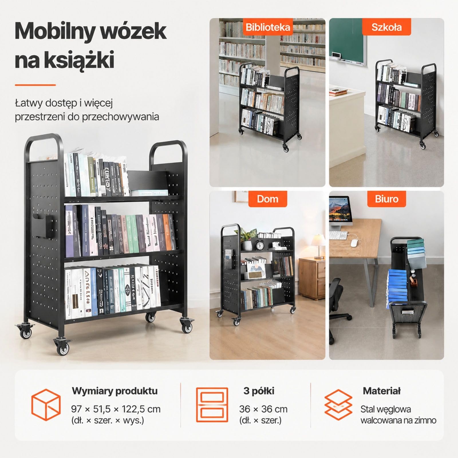 Wózek na książki z kółkami, 3-poziomowy regał biblioteczny, dwustronna konstrukcja w kształcie W, czarny, do biblioteki, biura i domu
