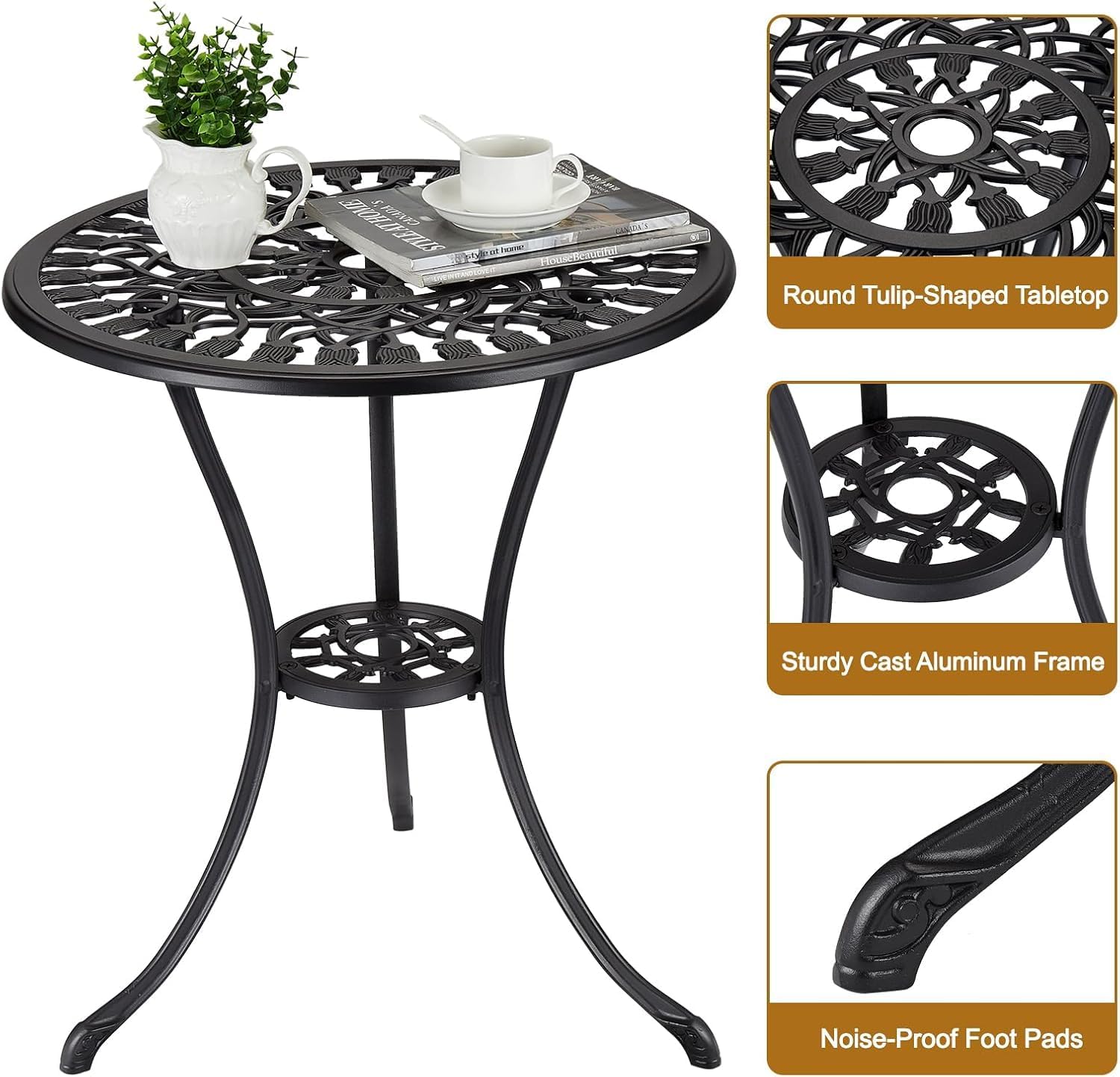 23 Inch Small Round Patio Bistro Table, Weatherproof Outdoor Coffee Table with Umbrella Hole & Vintage Floral Pattern, Cast Aluminum Side Table for Garden/Porch/Backyard, Black