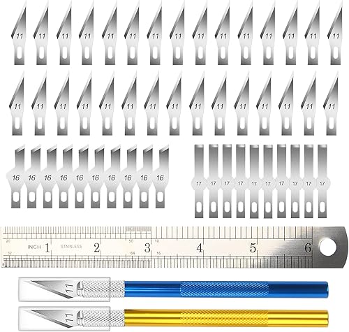 LOMIMOS Exacto - 2 cuchillos para tallar, con 50 cuchillas de acero de repuesto, 1 regla de acero para manualidades, corte de recortes, plantillas