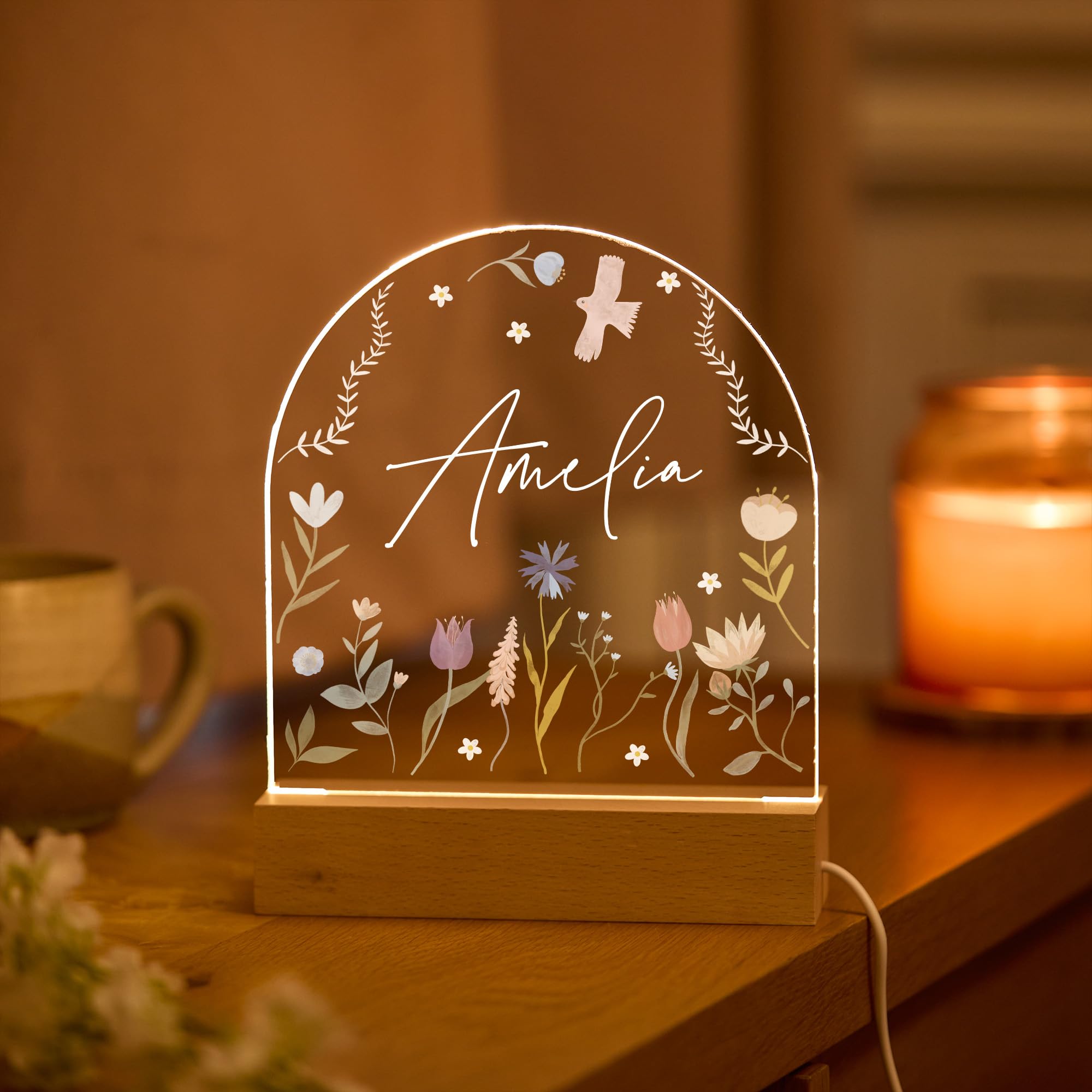 Pomchick Personalised Floral LED Night Light Custom Name Gift for Her Birthday Christmas Home Bedroom Decor Botanical Lamp Wild Flowers Spring