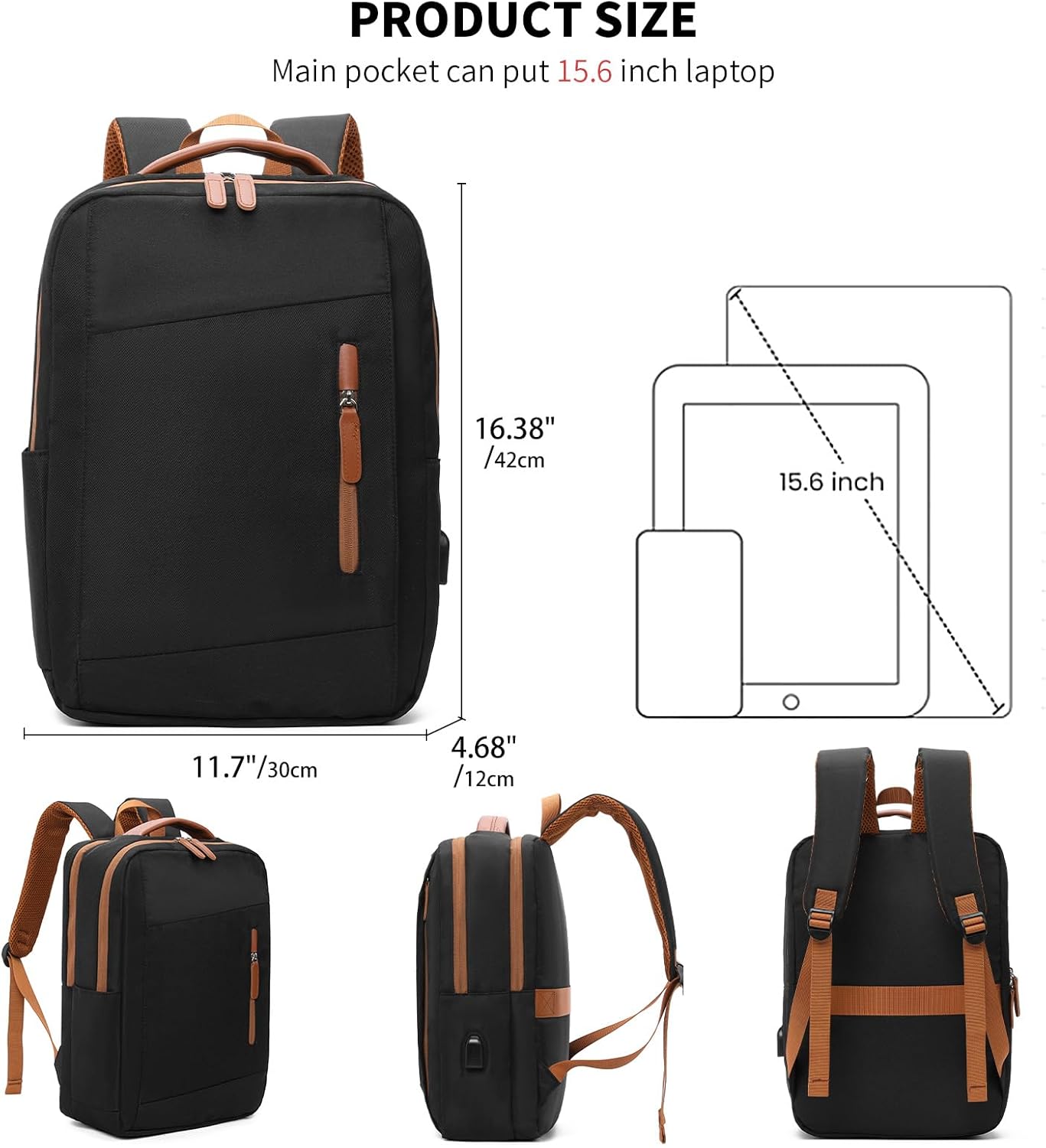 GAEKEAO Laptop Backpack 15.6 Inch Travel Backpack with USB Charging Port Lightweight Daypack Computer Bookbag for Travel Business Work College,Black