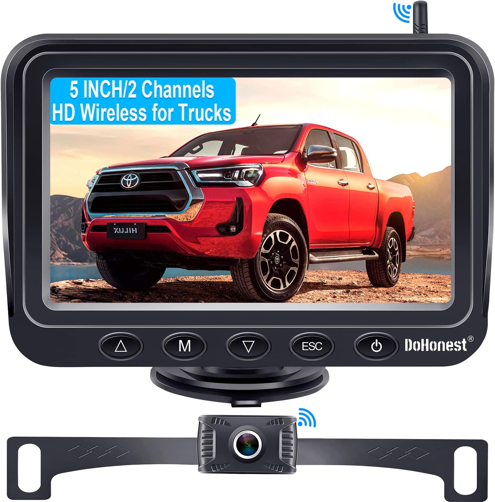 Dohonest Wireless Backup Camera HD 1080P 5'' Split Screen Monitor Bluetooth Reverse License Plate Cam Kit for Truck Car Camper Small RV Waterproof Night Vision 2 Channels DIY Grid Lines V11