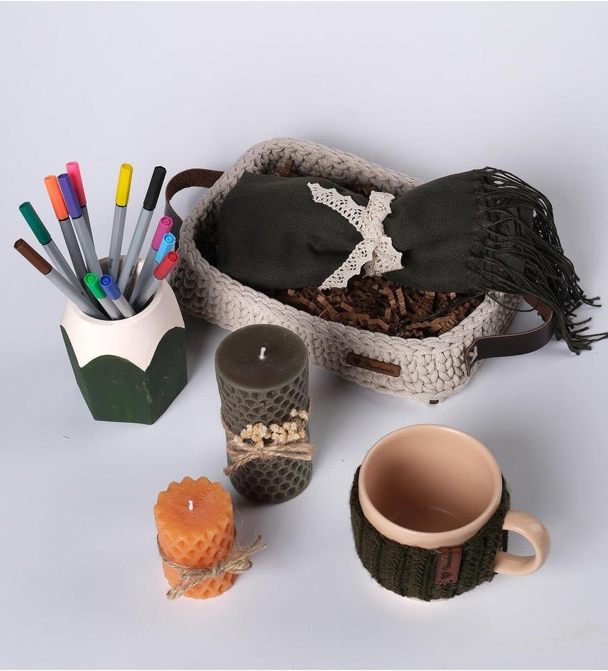 Handmade Knitted Basket Green Gift Set Decorative Potted Plant for Home Decor Nursery Playroom - Green, One Size