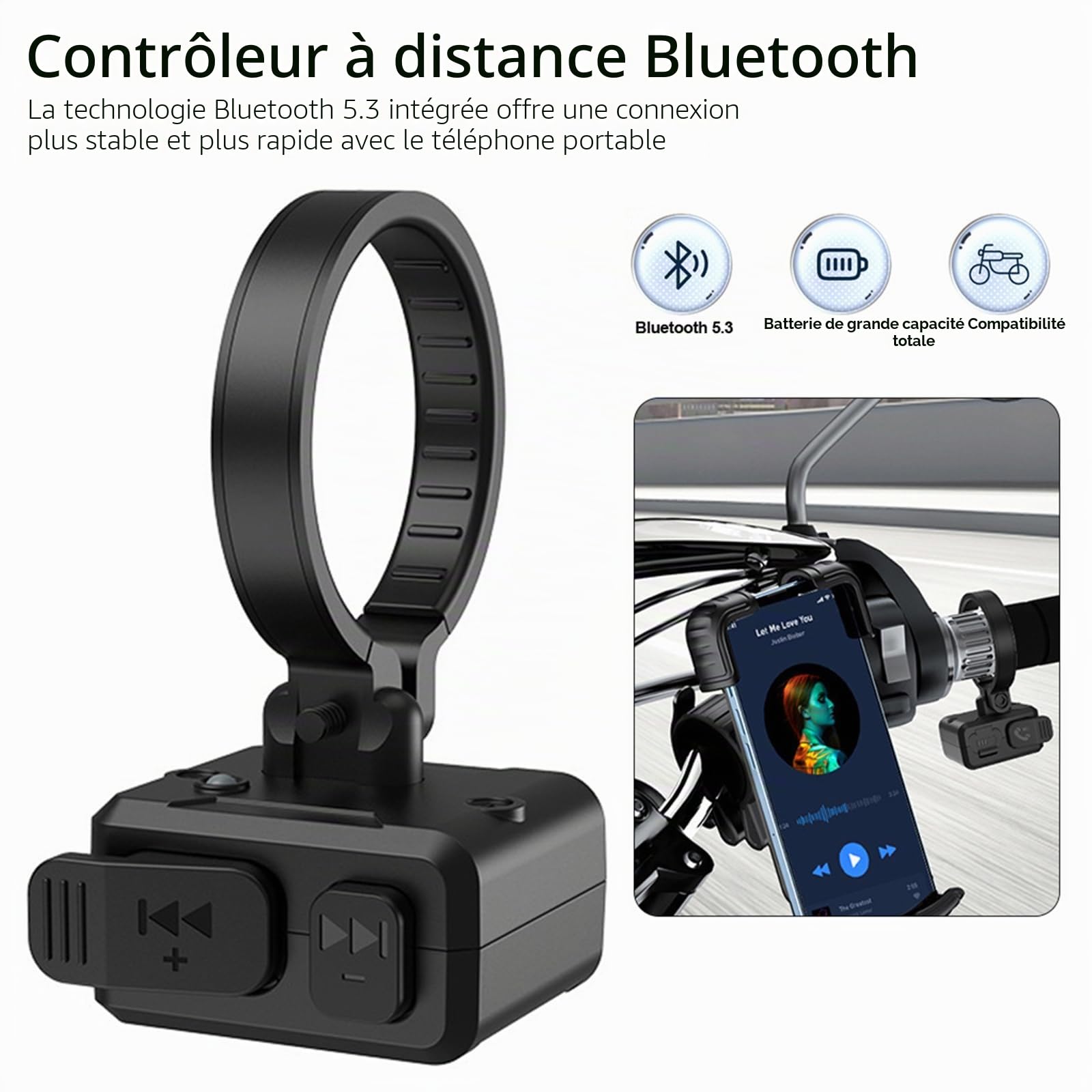 Bouton multimédia Bluetooth sans fil IPX6 étanche pour guidon de moto, vélo, assistant vocal Siri, télécommande rechargeable pour iPhone/Android