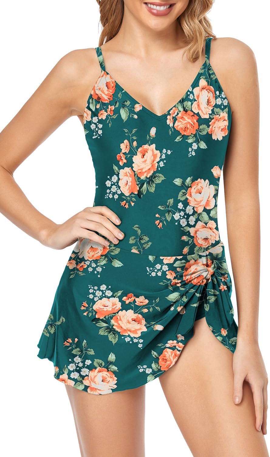 Upopby Women's One Piece Swimdress Swimsuits for Women Tummy Control Swim Dress Slimming Side Tie Skirted Bathing Suits