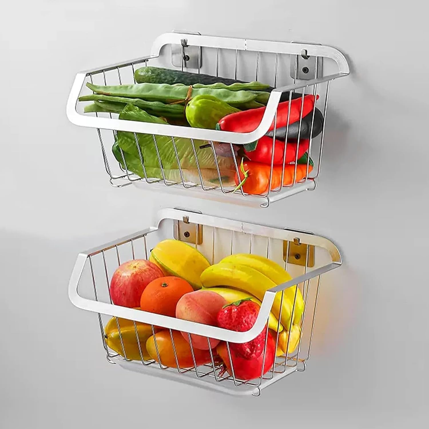 Corbeille à fruits à 2 niveaux pour l'organisation de fruits et légumes, pour cuisine, garde-manger, salle de bain, garage, étagère à fruits et légumes en acier inoxydable, rangement mural noir