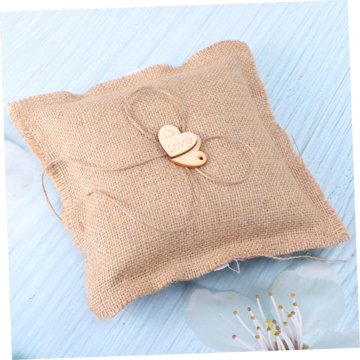 jojofuny 18cm Wooden Heart Ring Bearer Pillow Burlap Cover Hessian Ring Pillow for Wedding