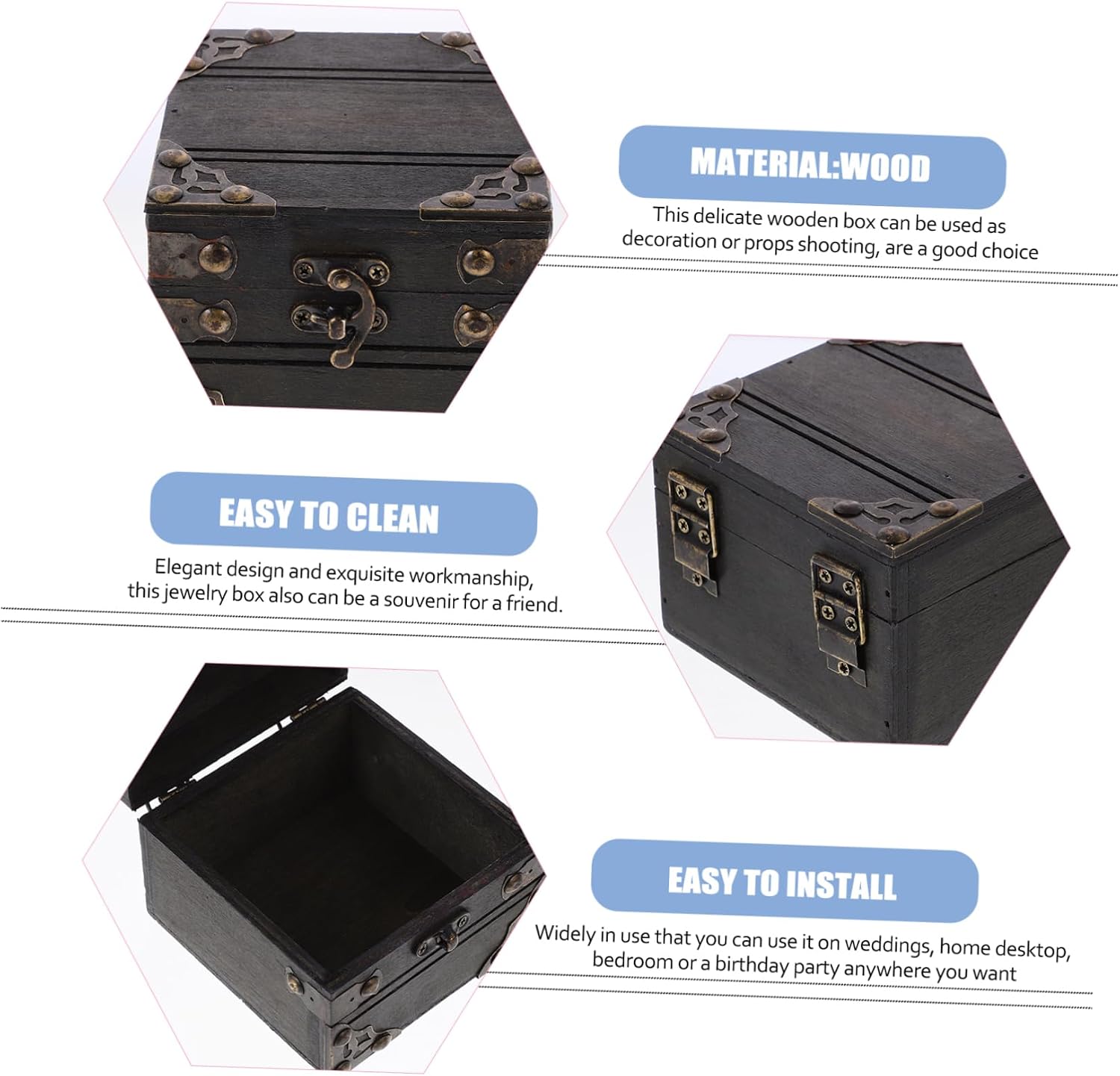 Veemoon 4pcs Vintage Wooden Treasure Box with Antique Finish Stylish Jewelry Storage Chest for Bedroom Living Versatile Keepsake Organizer for Jewelry Photos Props