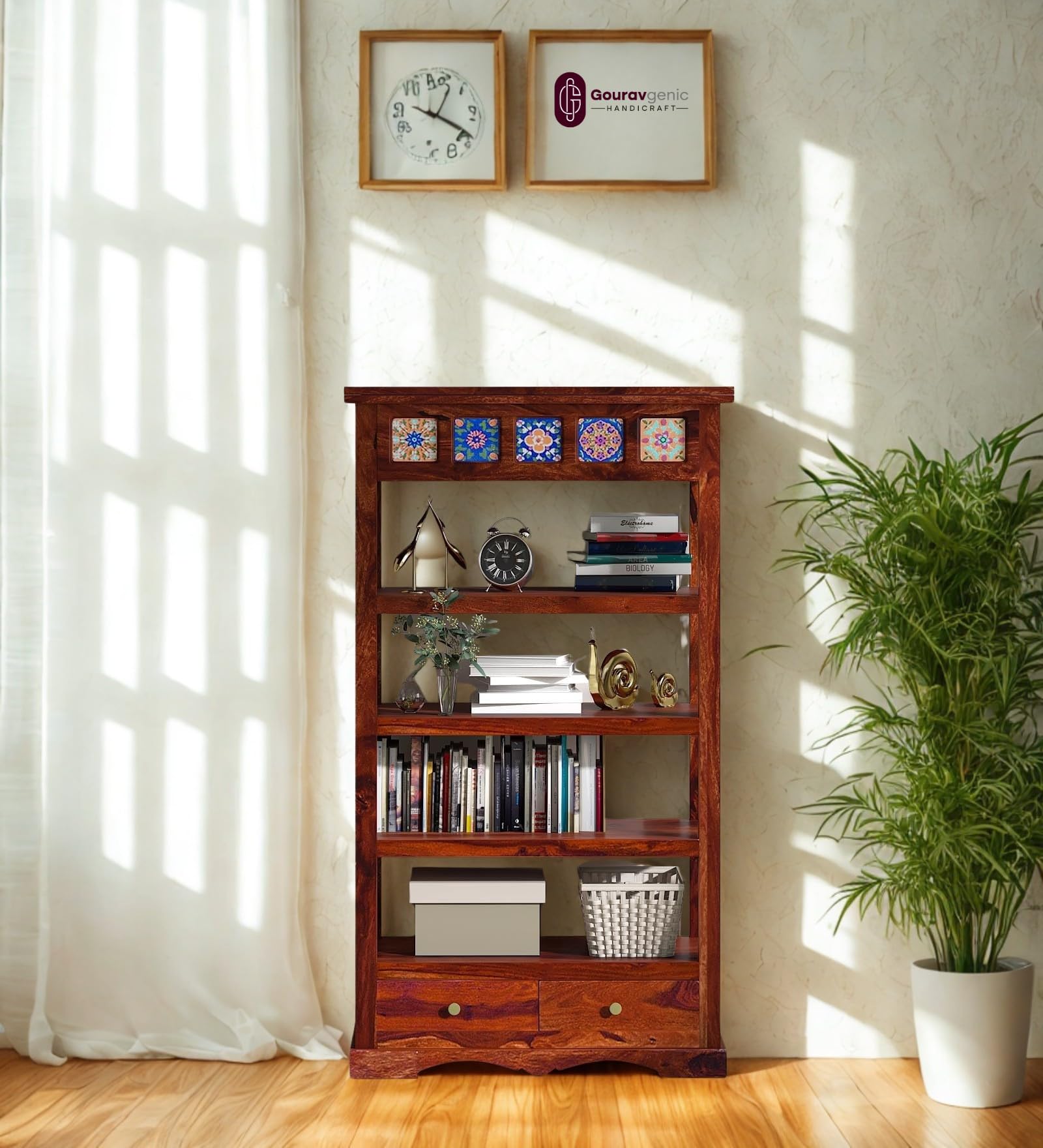 Gouravgenic handicraft Solid Sheesham Wood Bookshelf with Ceramic