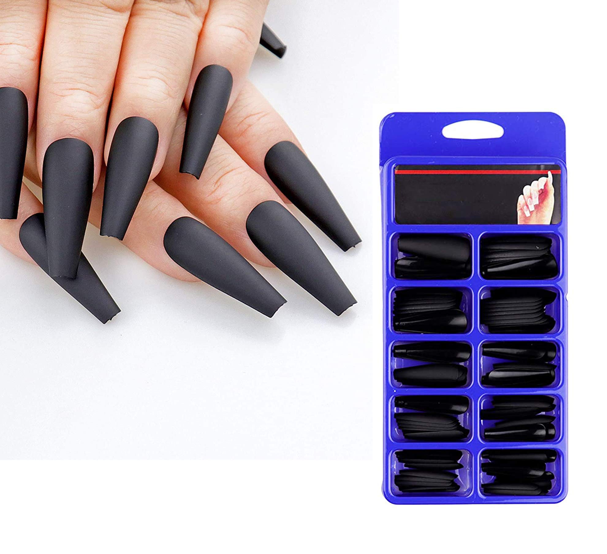 MISUDExtra Long Coffin Fake Nails, 100Pcs/Box False Nails Long Ballerina Nails Tips Matte Black Full Cover Press on Nails Manicure Art Nail Tips