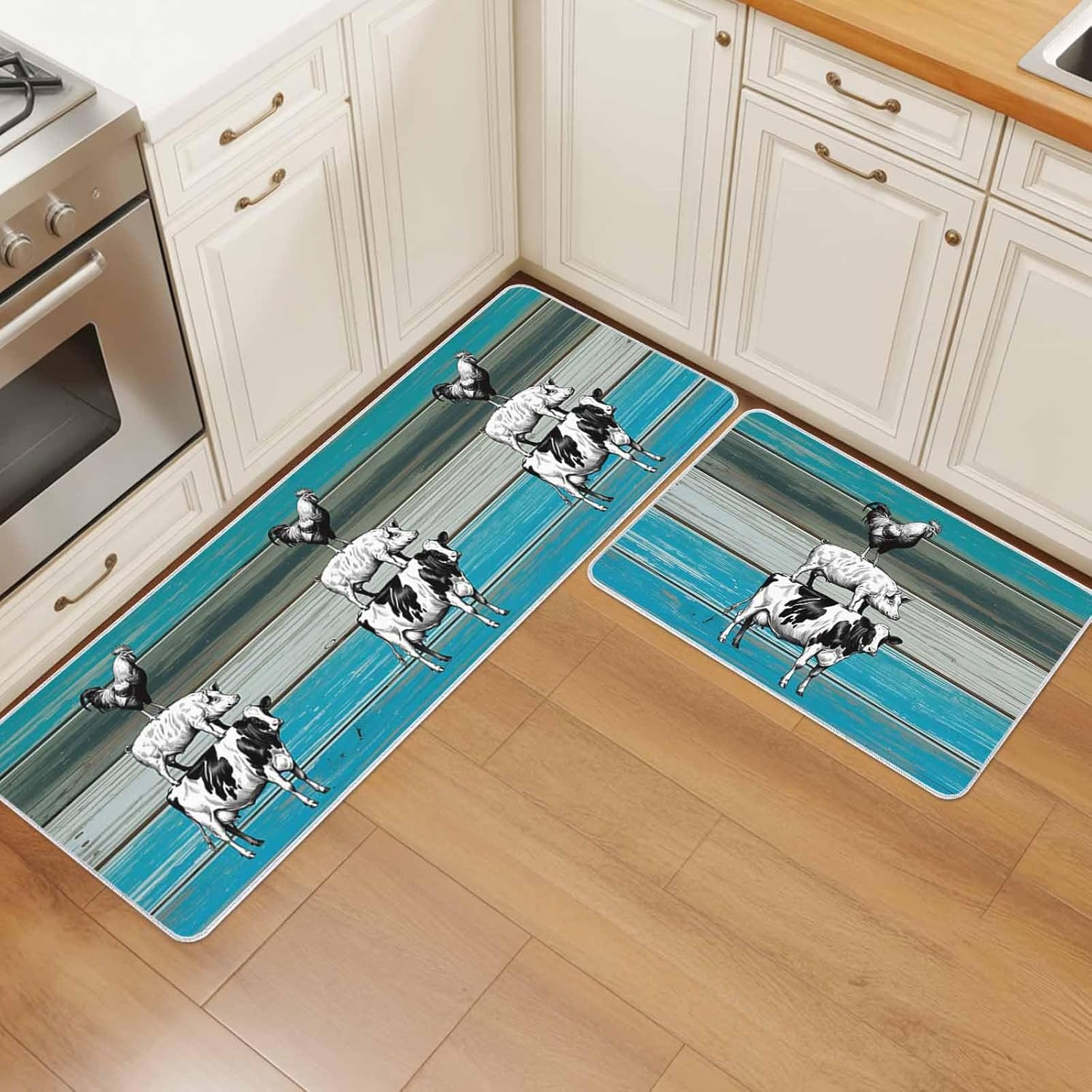 Farm Cow Pig Chick Animal Kitchen Rug and Mat,Washable Floor Mats Standing Cushioned Set of 2,Blue Gray Retro Wooden Plank Slip-Proof Doormat Runner Rugs for Indoor Bathroom Laundry Sink