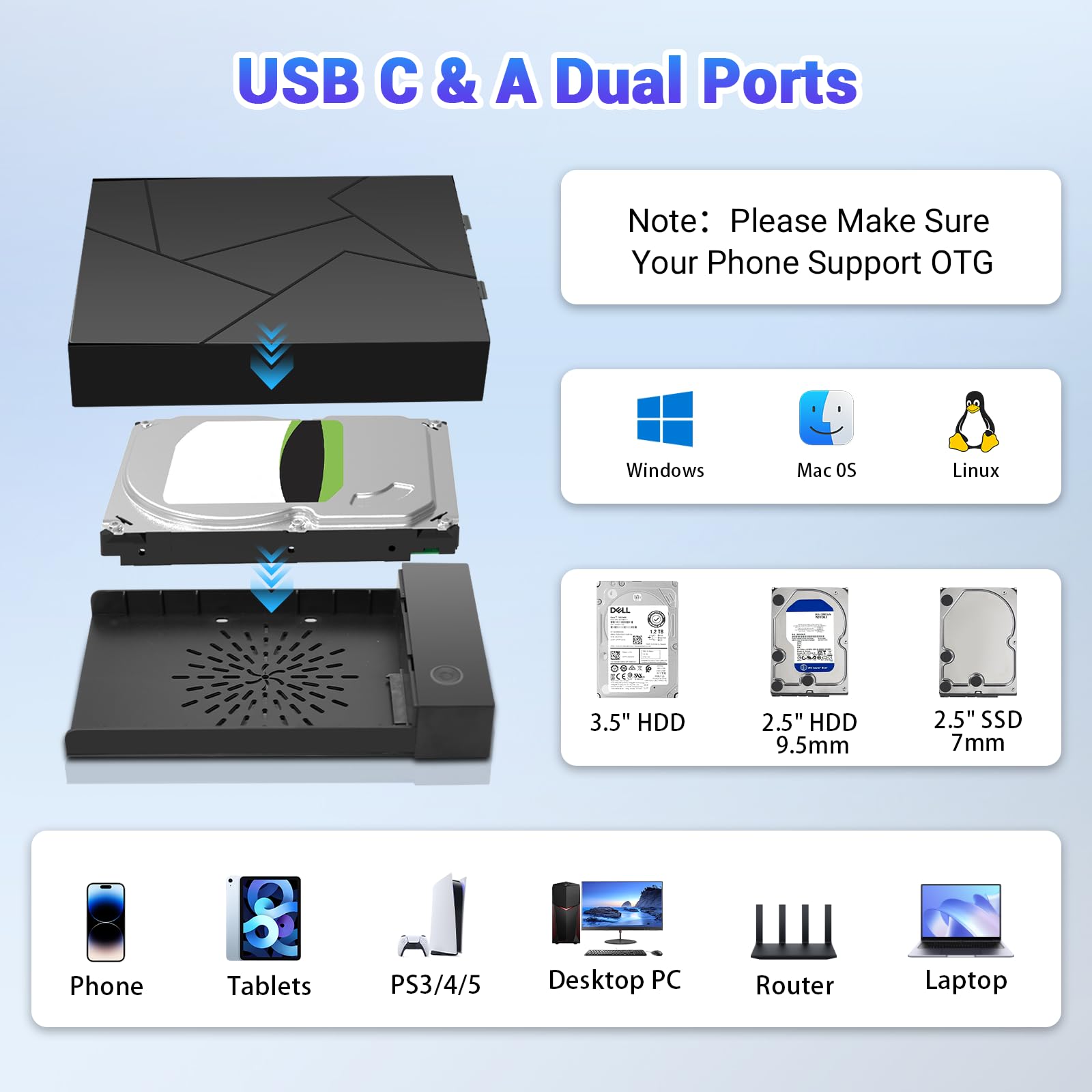 Estación de acoplamiento USB 3.1 para disco duro HDD de 2,5 y 3,5 pulgadas, 6 Gbps, carcasa para disco duro externo UASP, para Windows, Mac, Linux (solo 2,5 pulgadas soporta 6 Gbps)
