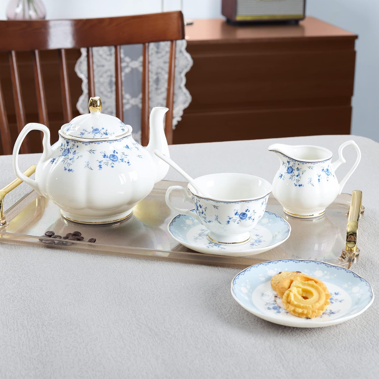 fanquare 15 Piece Blue Rose Porcelain Tea Set, British Floral Teapot with Tea Cups, Women Tea Party Set for 6 - Image 5